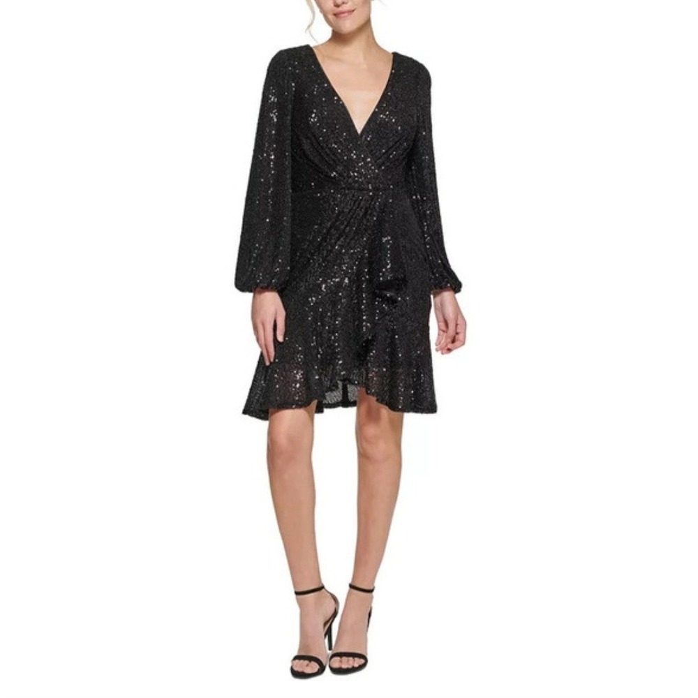 Eliza J Sequined Dress Women's 10 Black Faux Wrap Balloon Sleeves V Neck NWT